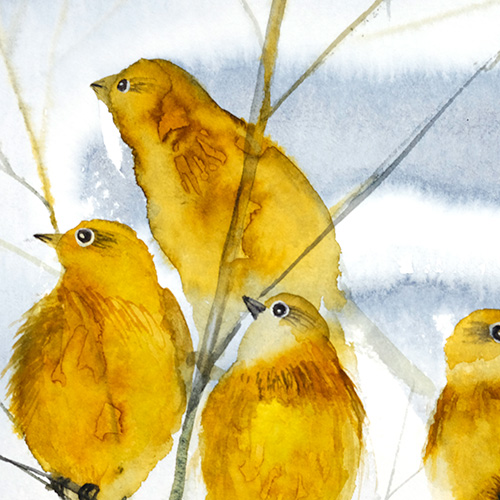 akwarela oryginalna Marta Konieczny sztuka nowoczesna najlepsza najpiękniejsza galeria polska ilustracja na prezent dla kobiety na urodziny na zamówienie do salonu do nowoczesnego wnętrza na ścianę do sypialni  ptaszki na drzewie na gałęzi żółte złote sym